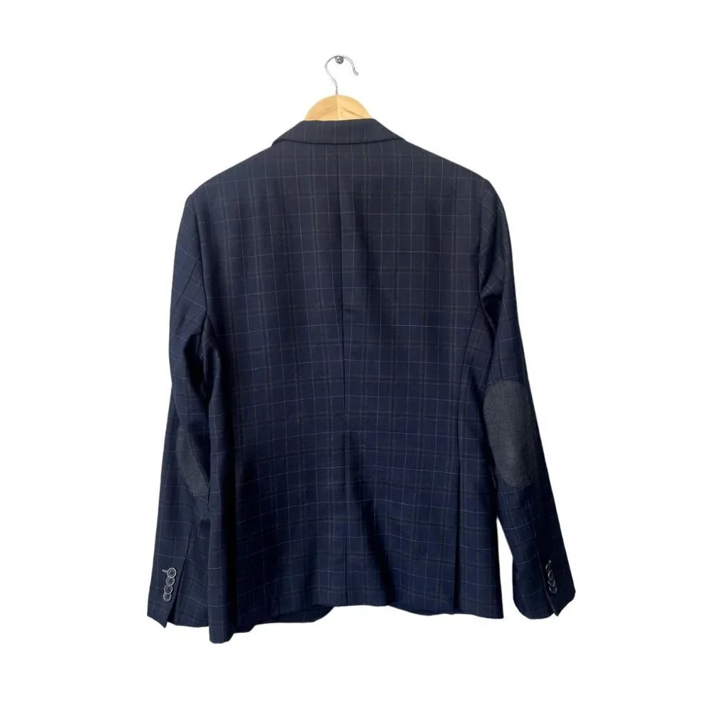 Zara Mens Blazer Size 40 Navy Blue Plaid Wool Blend Button‎ Front